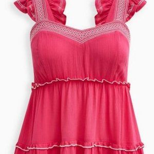 Torrid Babydoll Crinkle Gauze Embroidered Tiered Top Pink 3XL 22/24